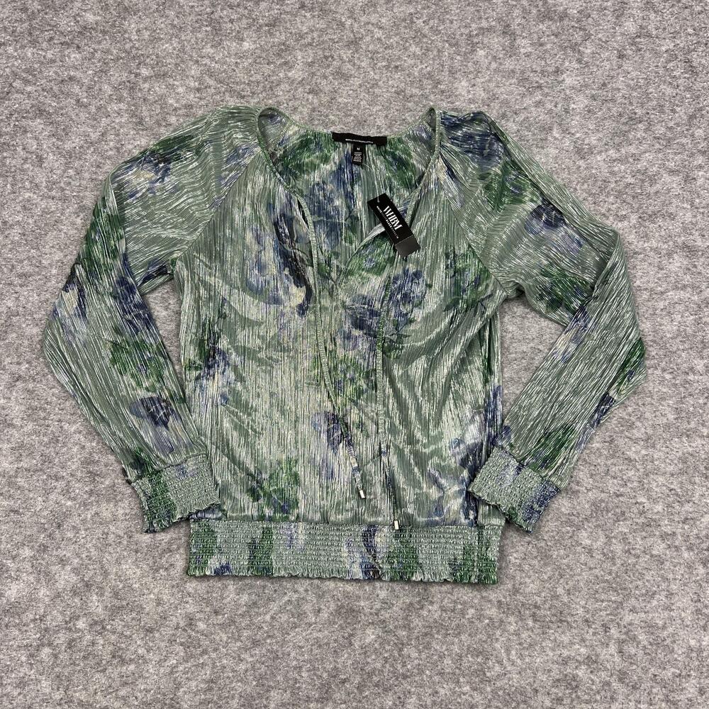 White House Black Market Blouse Womens M Sage Green Metallic Floral V Neck